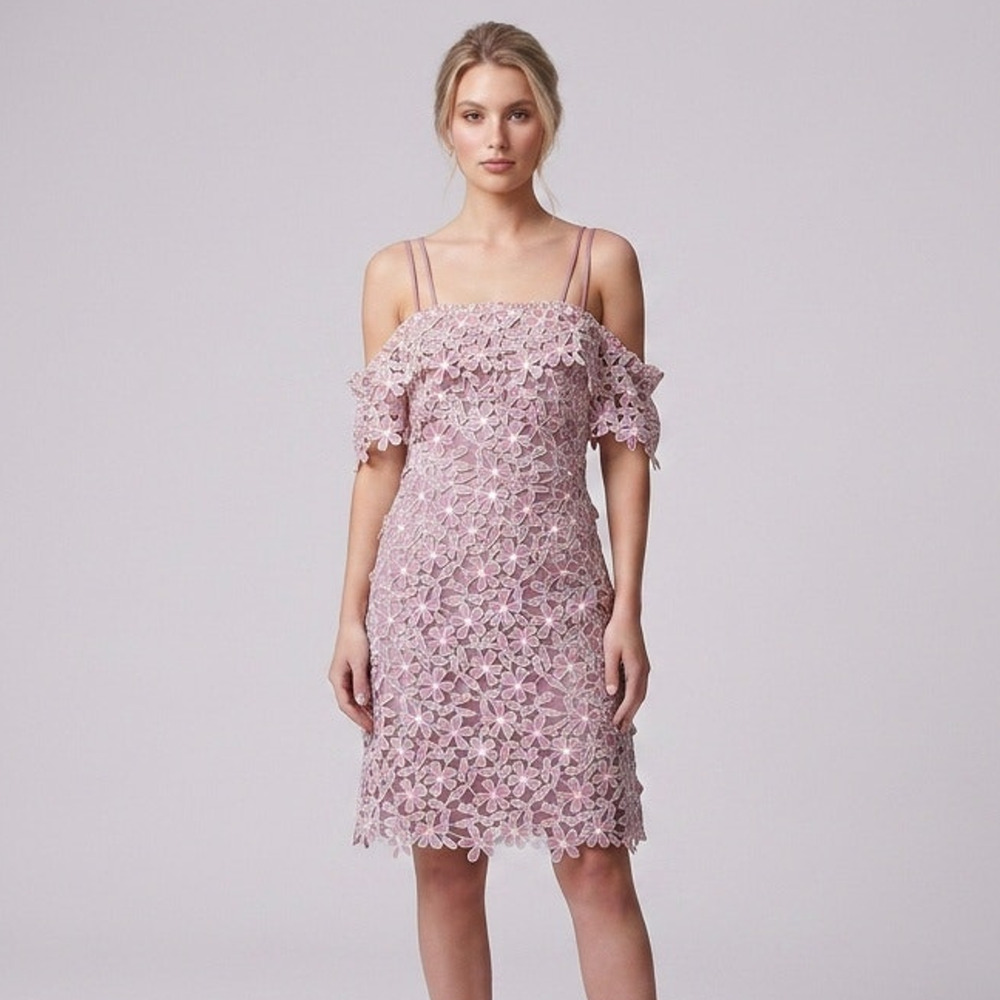 French Connection Fulaga Floral Guipure Lace Off Shoulder Mini Dress Pink Size 6